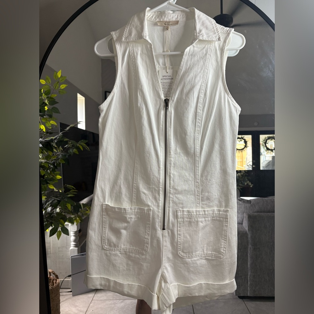 White Sleeveless Zip-Up Denim Romper